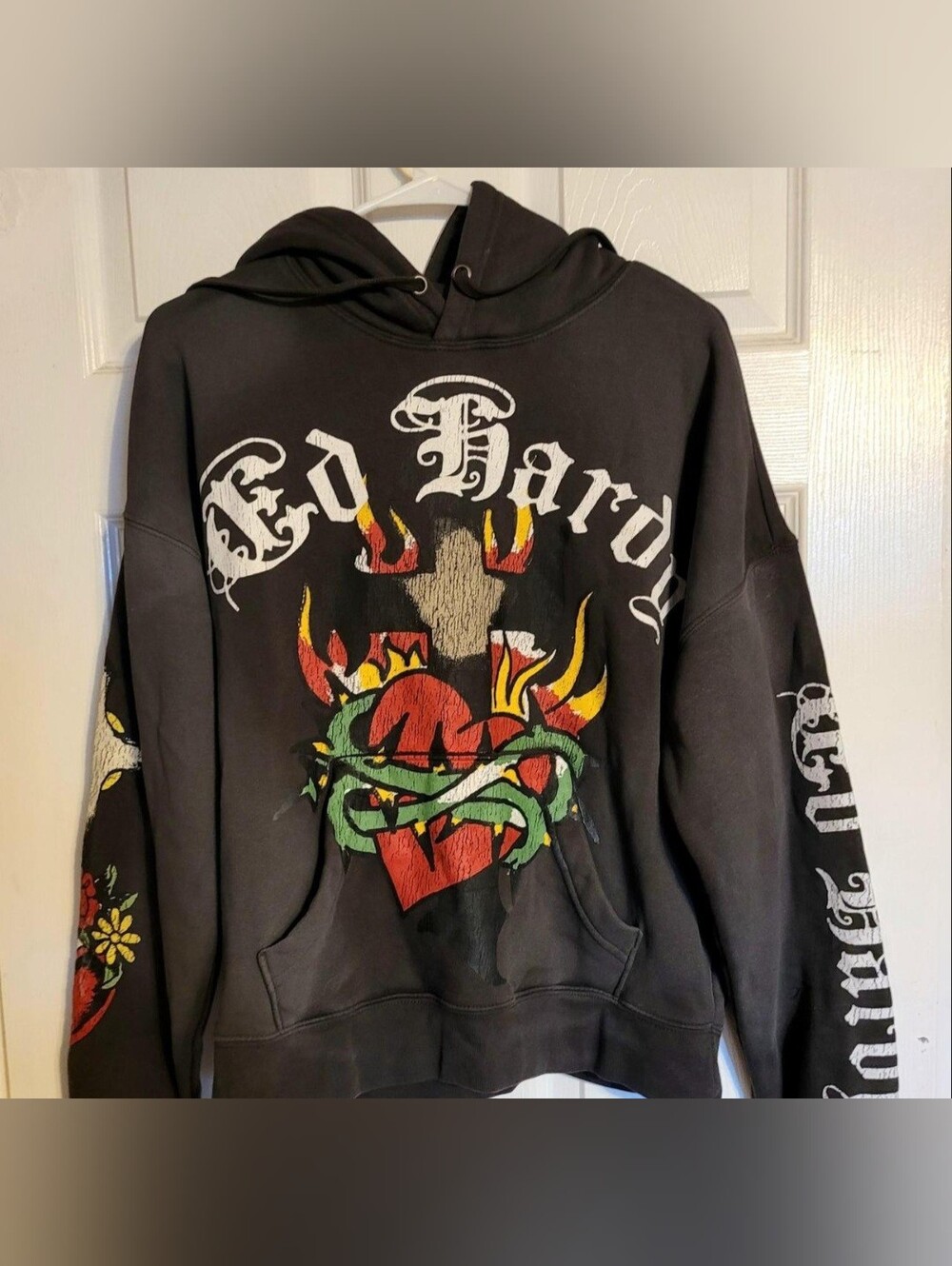 Ed Hardy Black Pullover Hoodie with Flaming Heart and Snake Graphic